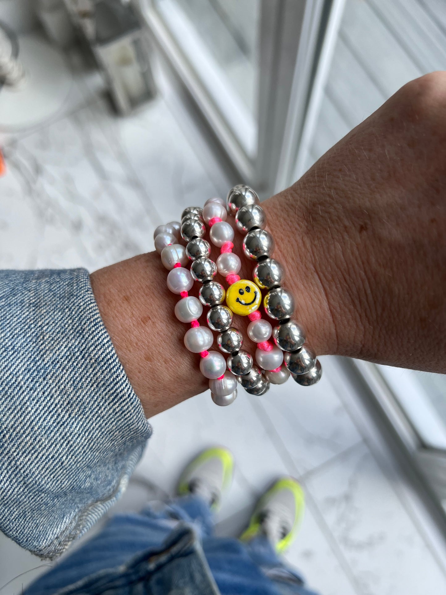 Hand Knotted Neon Smiley Pearl Bracelet 🌈🤍