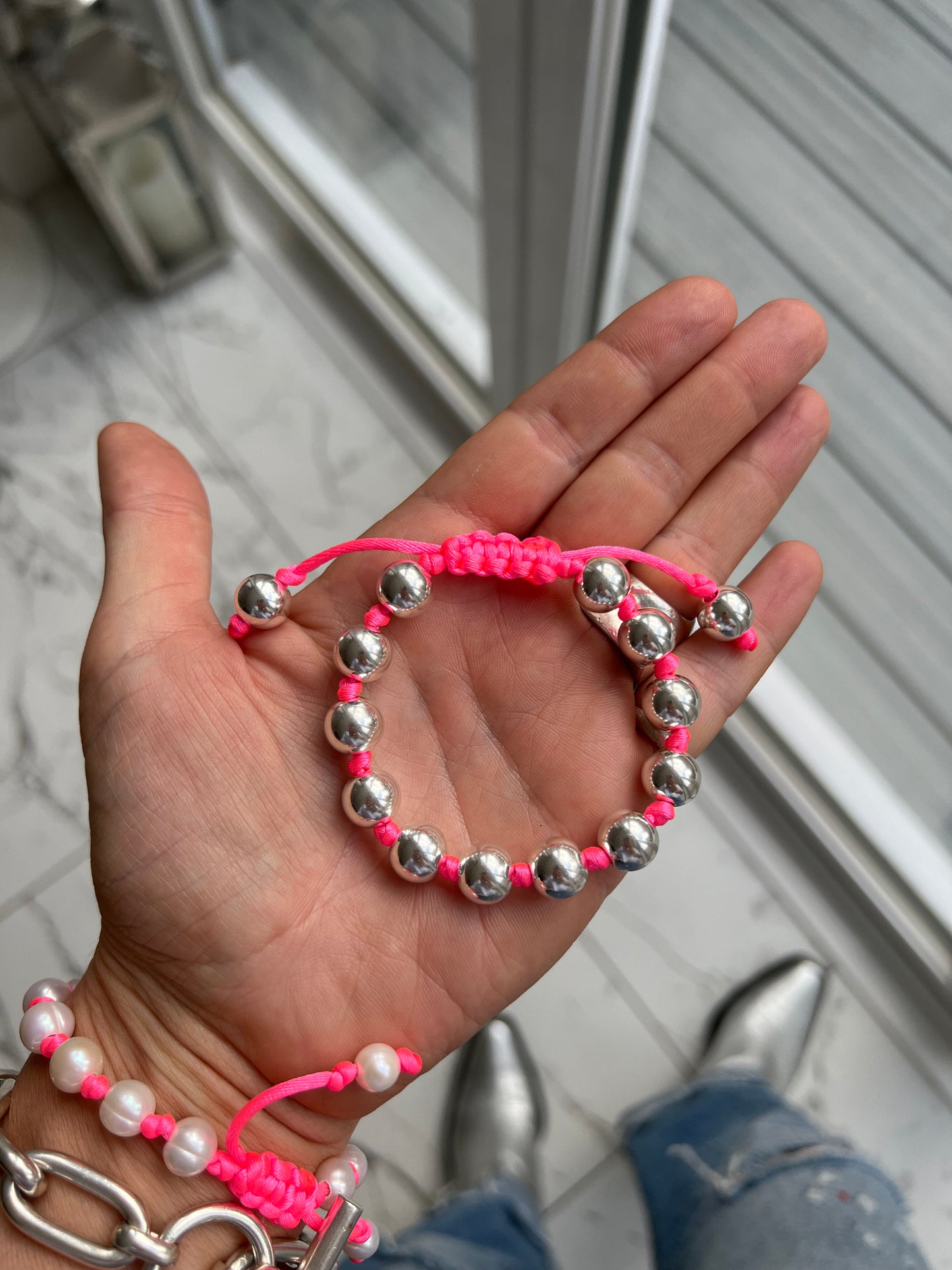 Hand Knotted Neon Silver Beaded Bracelet