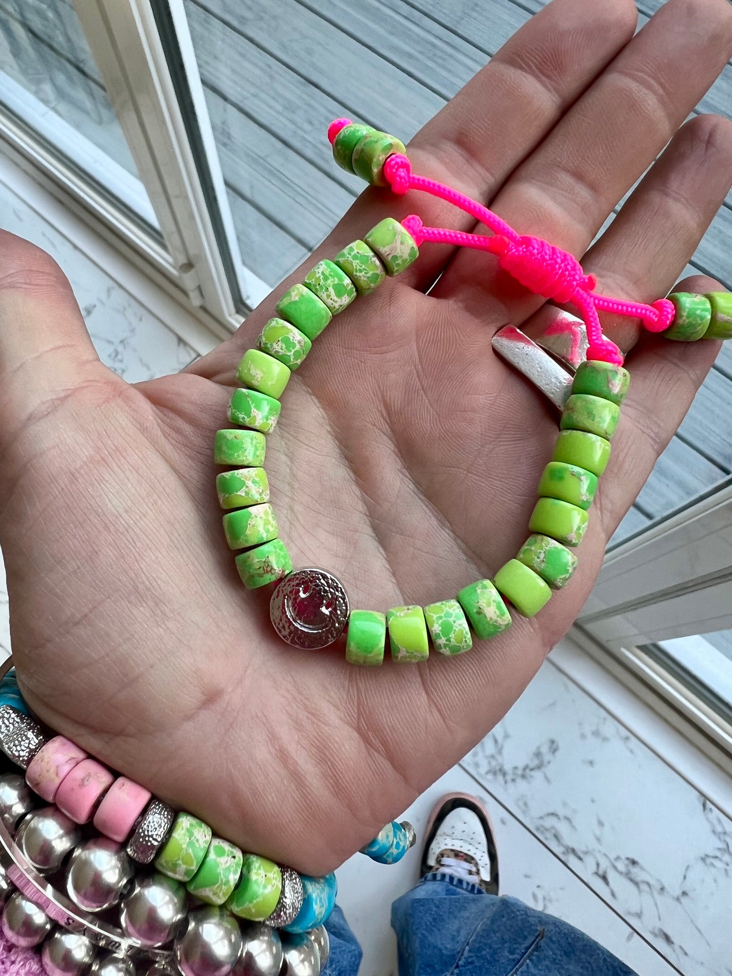 Silver Smiley & Green Gemstone Bracelet