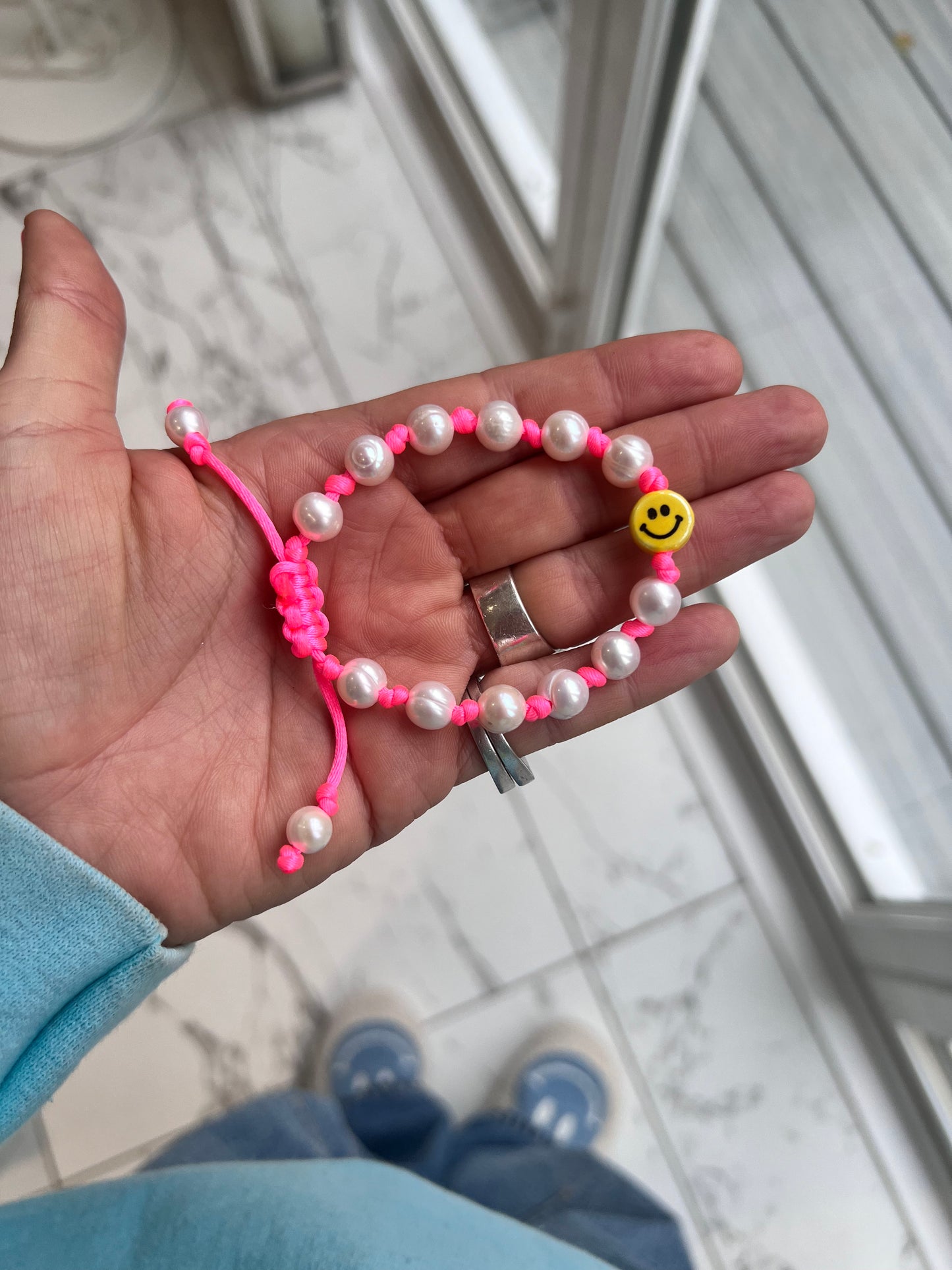 Hand Knotted Neon Smiley Pearl Bracelet 🌈🤍