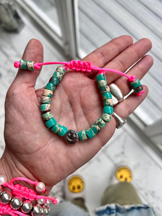 Silver Smiley Teal Gemstone Bracelet