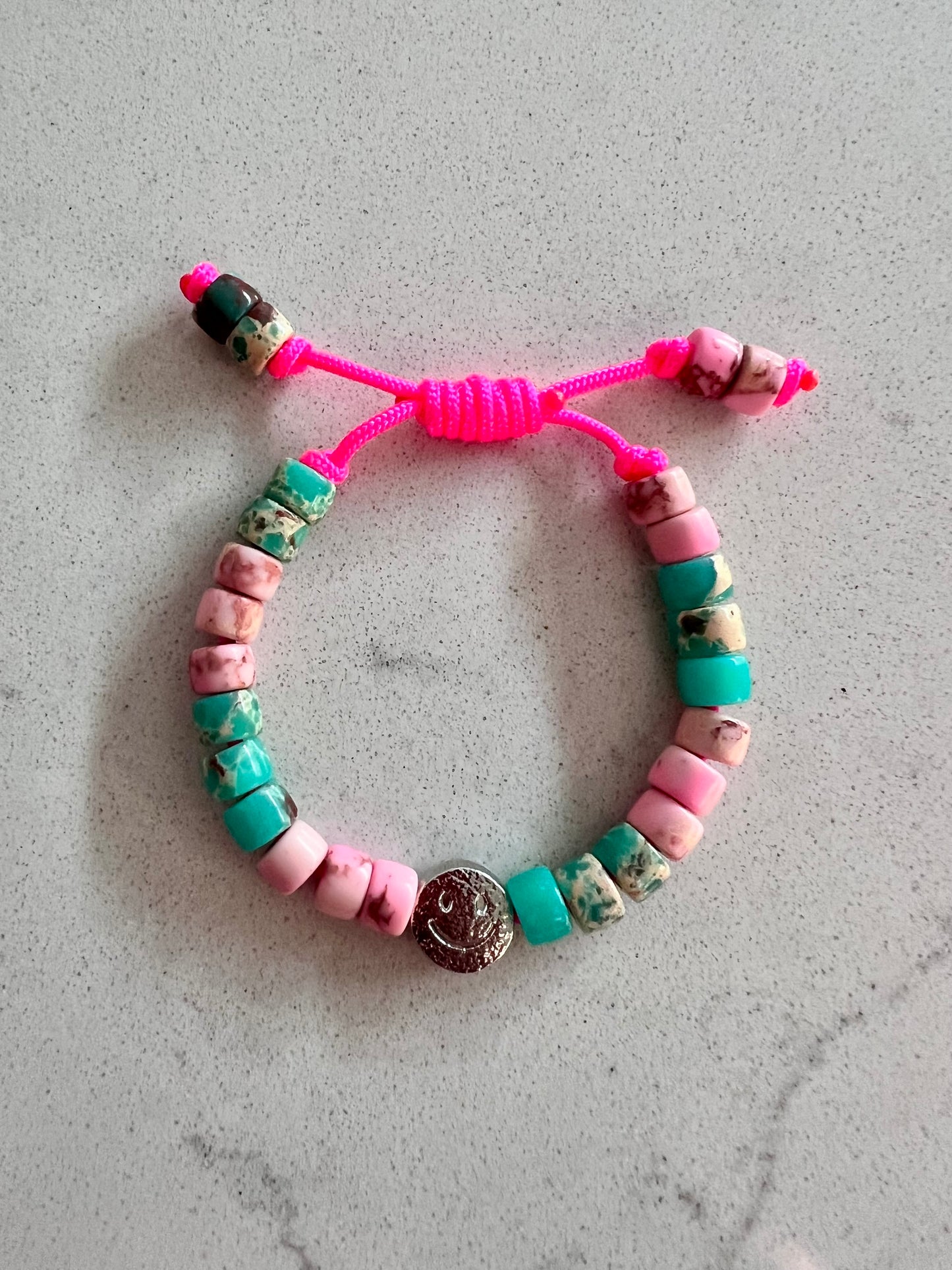 Silver Smiley & Pink/Teal Gemstone Bracelet