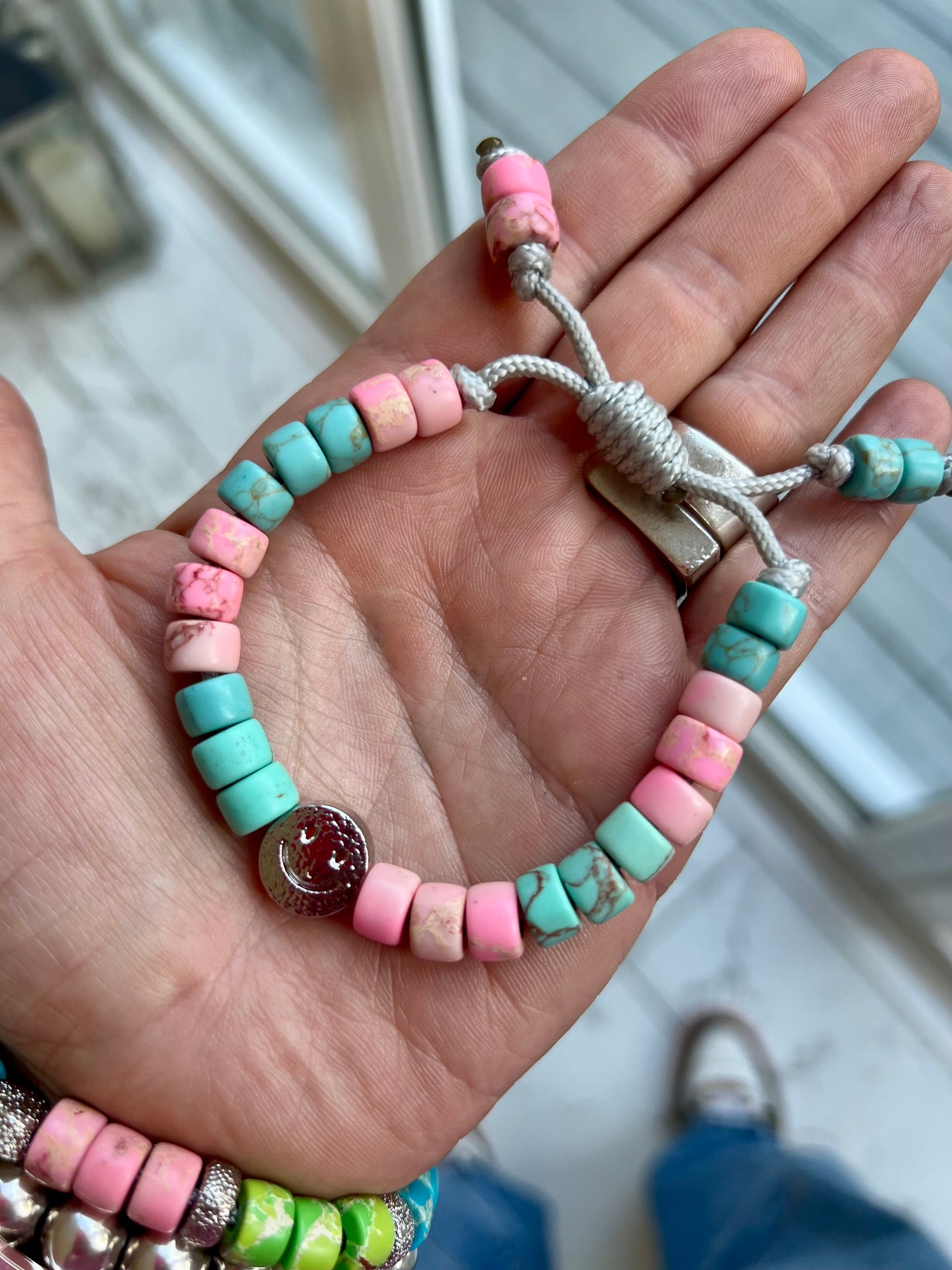 Silver Smiley & Turquoise/Pink Gemstone Bracelet