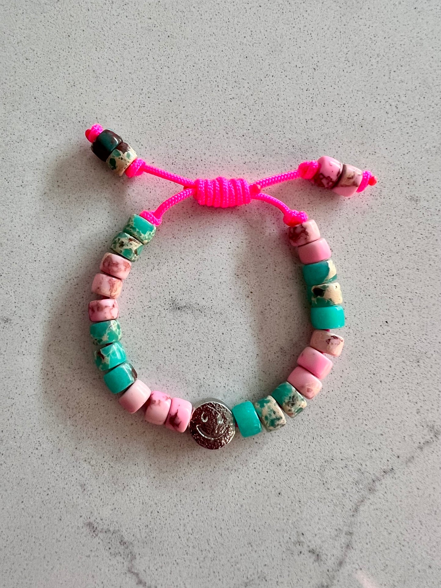 Silver Smiley & Pink/Teal Gemstone Bracelet