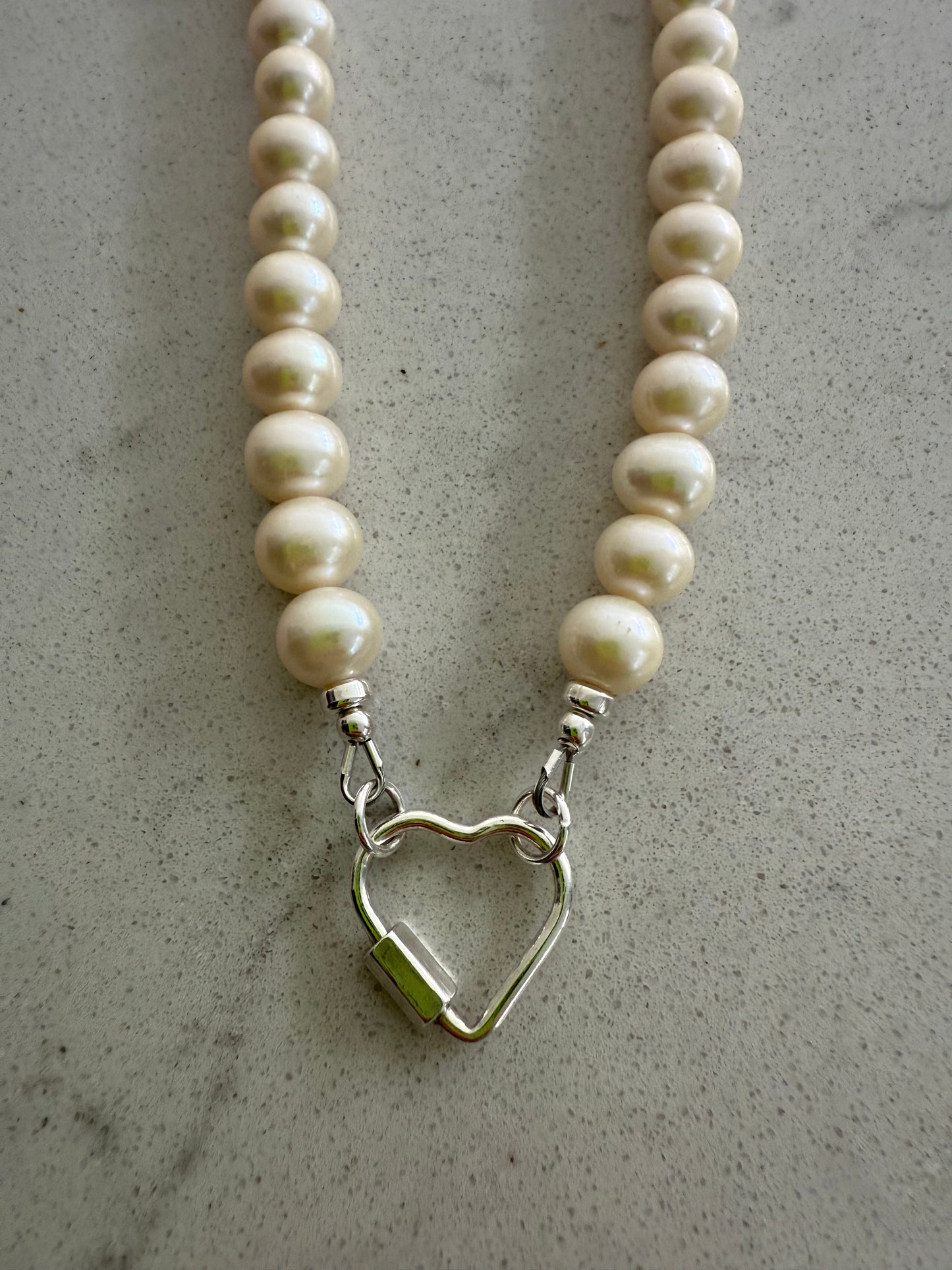 Pearl Necklace with Heart Carabiner Clasp