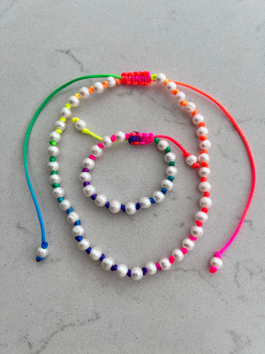 Neon Hand Knotted Pearl Necklace & Bracelet Set